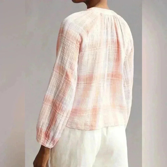 Anthropologie Cloth & Stone Shirred Raglan Blouse Plaid Size XS - Picture 2 of 6